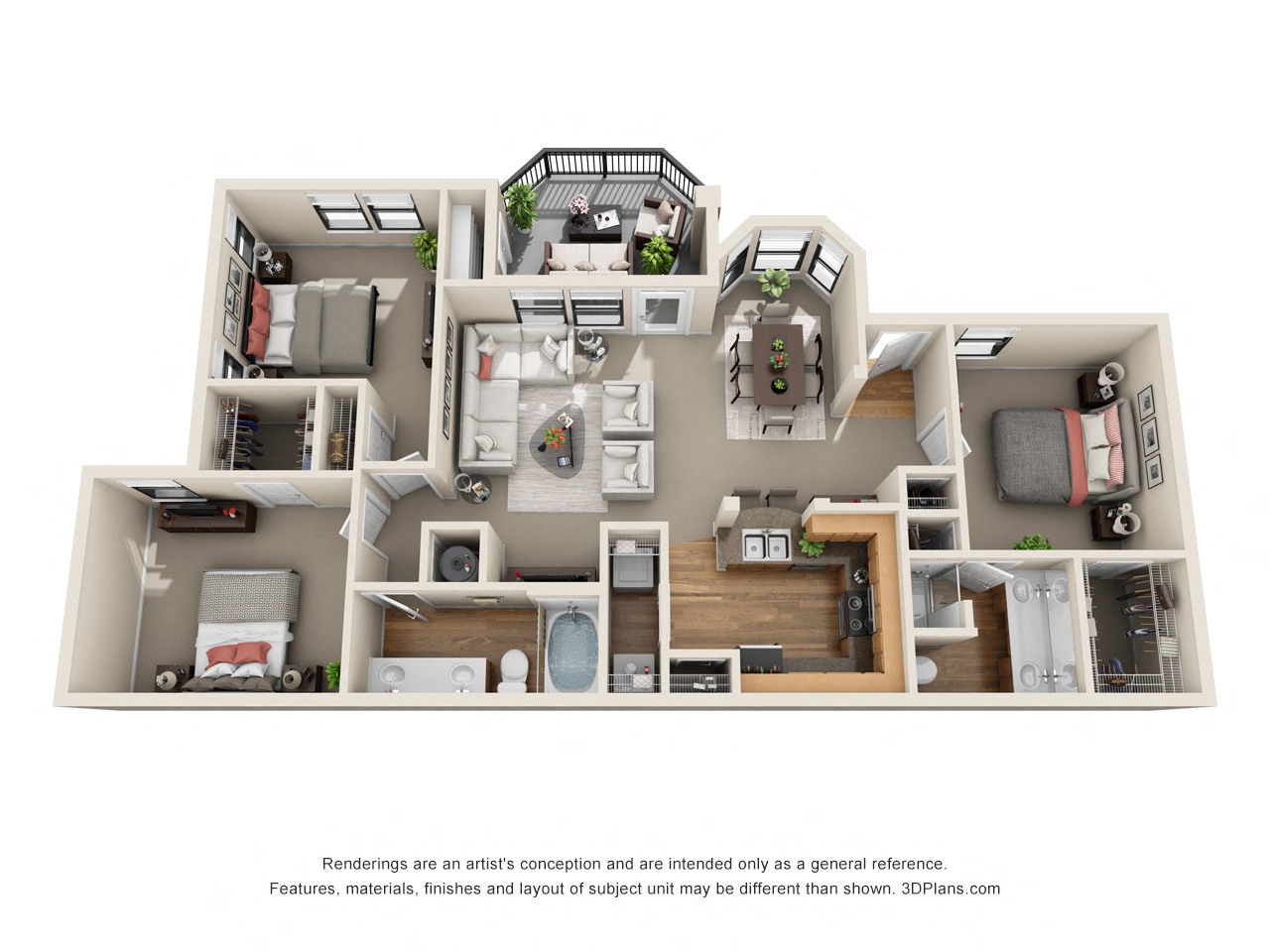 Floor plan for 3 beds, 2 baths, 1317 sqft